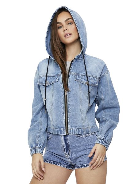 

zip up drop shoulder drawstring hooded denim jacket g6sh#, Black;brown