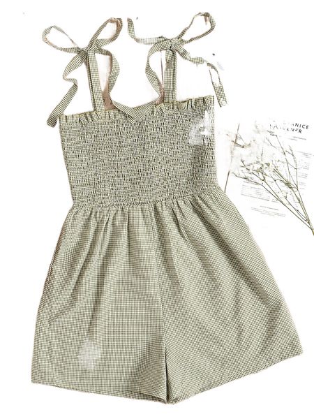 

gingham print shirred tie shoulder romper o6rn#, Black;white
