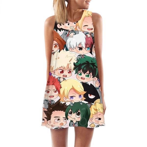 Kadın tank üstleri anime benim kahraman akademisi 3d baskı karikatür karakter gevşek elbise seksi kısa kadın yelek kolsuz elbise w220616