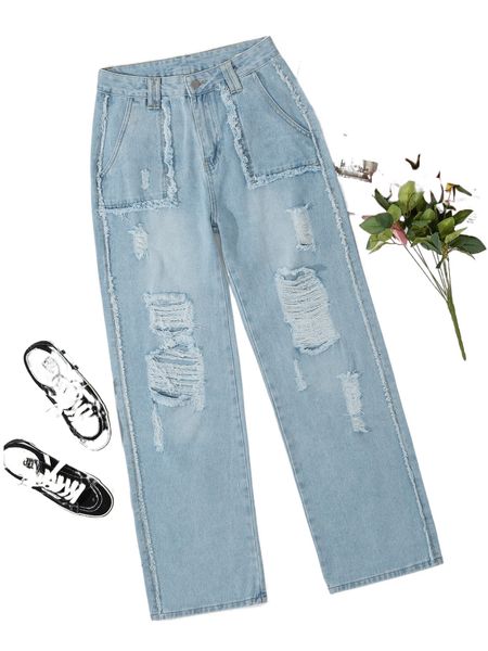 

raw trimmed ripped straight leg jeans e55g#, Blue