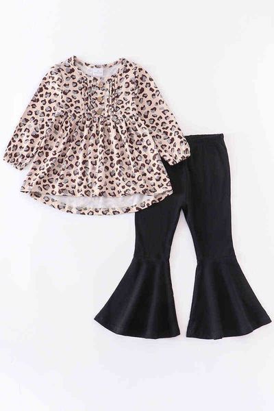 

girlymax fall/winter baby girls leopard black bell-bottoms milk silk pants boutique outfits set aa220316, White