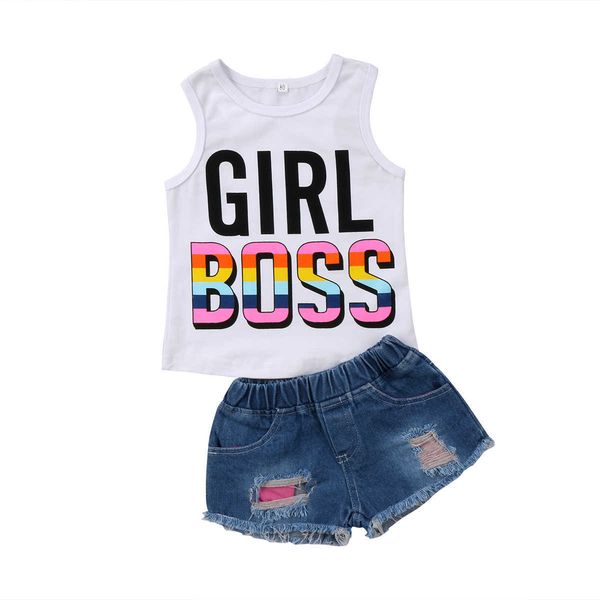 

kids baby girl cotton sets sleeveless fashion vest t-shirt short hold denim pants 2pcs, White