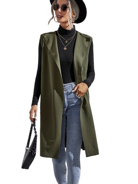 

solid self belted vest coat without tee 35jn#, Black