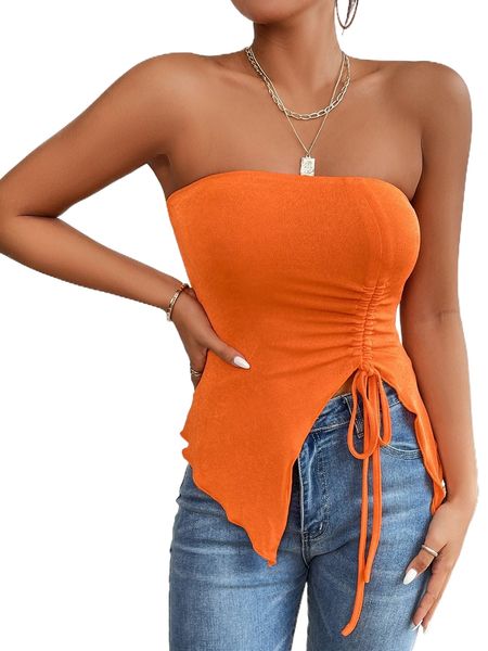 

petite drawstring lettuce trim asymmetrical hem tube 832n#, White