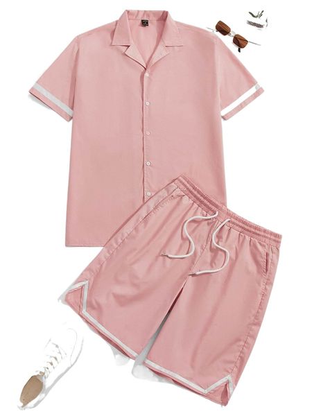 

1pc tape detail button front blouse & drawstring waist shorts d168#, Gray
