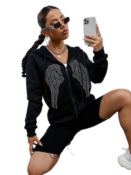 

rhinestone wings pattern zip up drawstring thermal hoodie 78e3#, Black