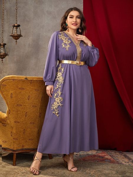 

plus appliques contrast tape lantern sleeve belted dress o2k1#, Black