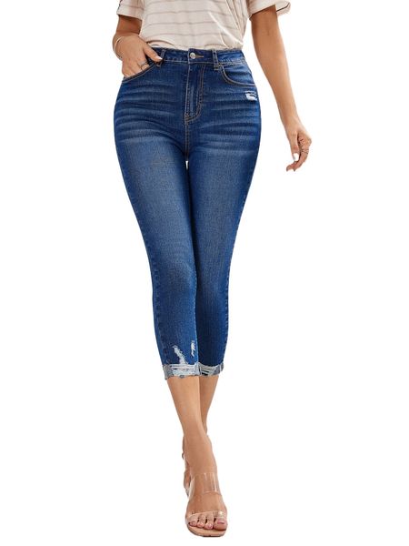 

high waist ripped moustache effect roll up hem skinny jeans m4qz#, Blue