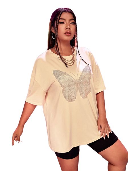 

plus rhinestone butterfly pattern drop shoulder tee 22s7#, Black