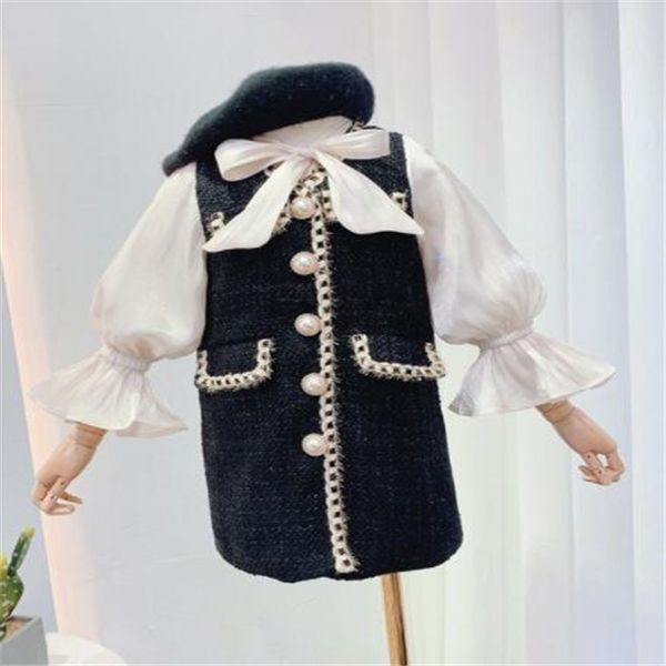 Vestito da bambina per bambini Primavera Estate Manica lunga Bambini Ragazze Principessa Fiocco Abiti Cappotto di giunzione in tessuto di lana