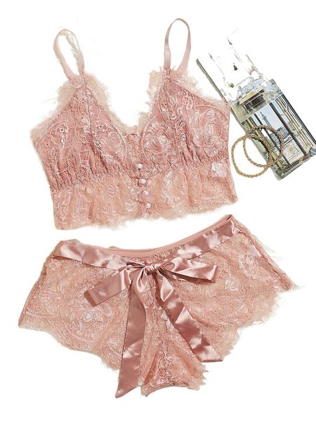 

floral lace button front lingerie set 73k1#, Black;red