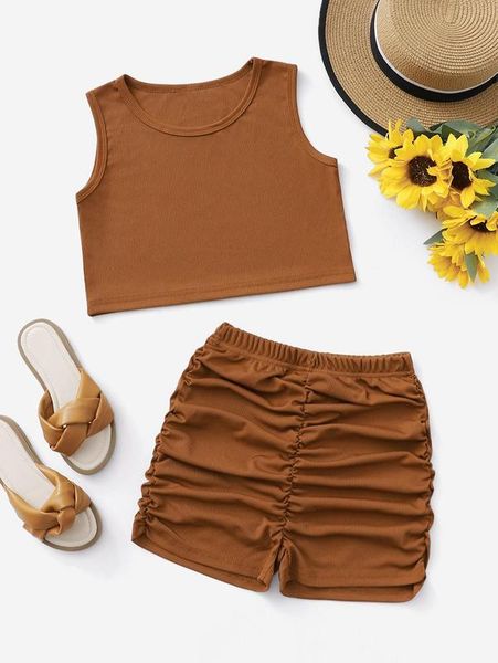 

girls rib knit crop tank & ruched shorts she, White
