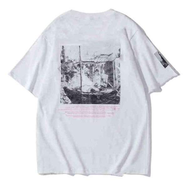 

off men's t-shirts summer new monet boat print letters casual short sleeve t-shirt owprinted x the back, White;black