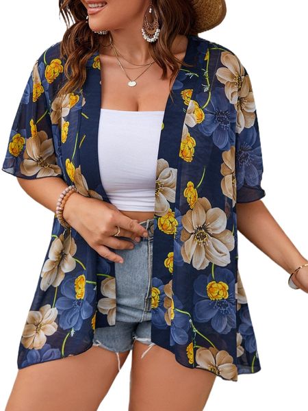 

plus floral open front kimono p484#, Black;gray