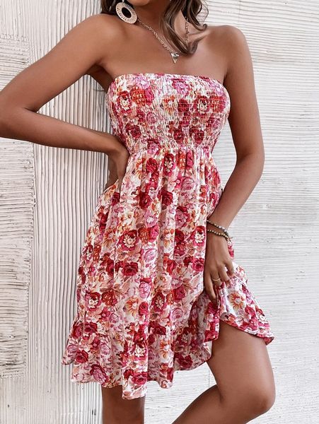 

shirred bodice ruffle hem floral tube dress w8mz#, Black;gray