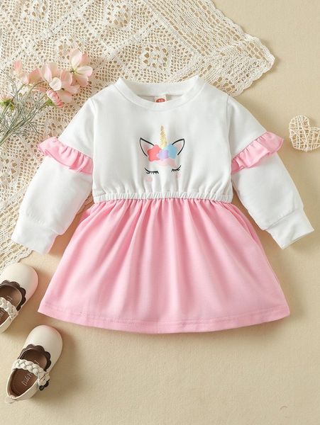 

baby cartoon graphic ruffle trim two tone sweatshirt dress she, Black