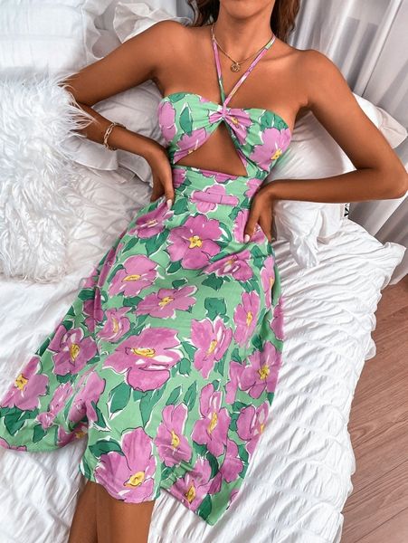 

ruched cut out front lace up backless floral print dress o78j#, Black;gray