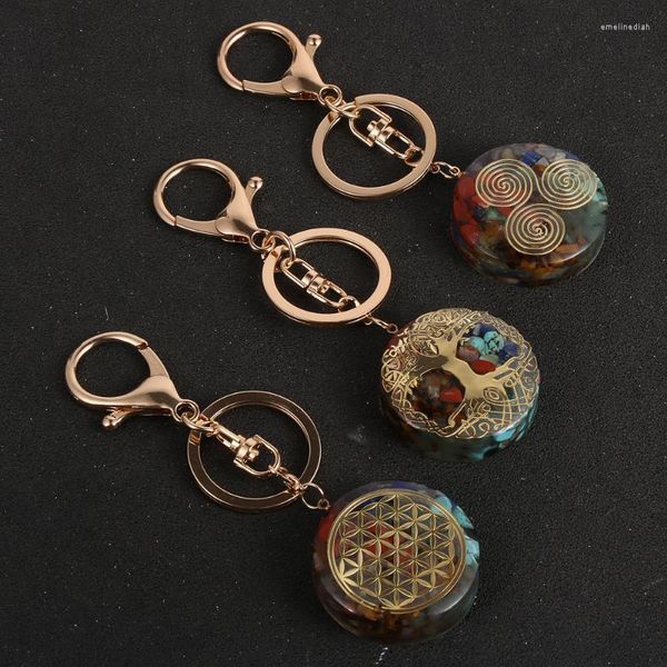 Chaves de pedacinho de pedra natural Casculo 7 Chakra Tree of Life Orgone Pingente étnico Cura étnica Resina Cristal Chave AccessoriesKeychains Emel22