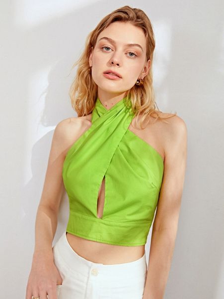 

peekaboo front cross wrap crop halter m68s#, White