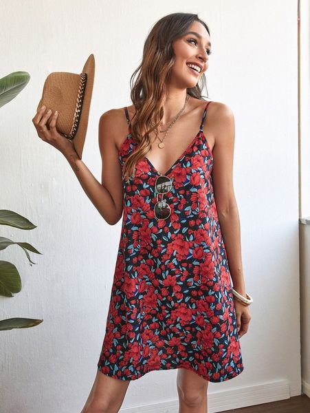 

allover floral print low back slip dress c7tc#, Black;gray
