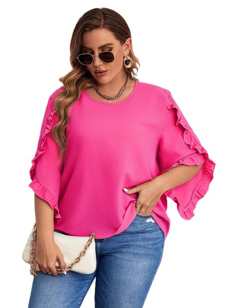 

plus ruffle trim petal sleeve blouse a6x9#, Black
