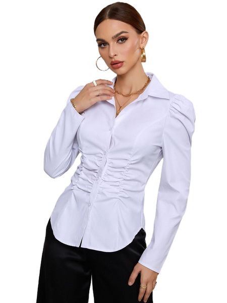 

button through ruched puff sleeve blouse m5qu#, White