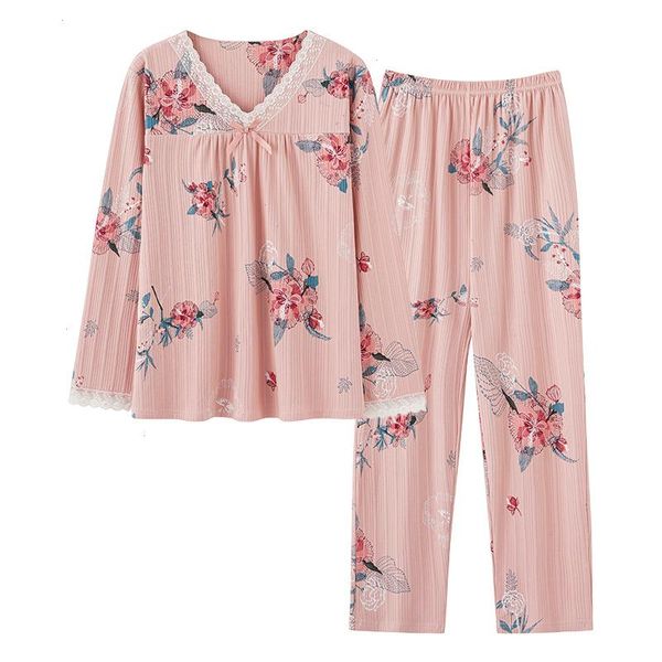 

autumn knitted cotton women pajamas set floral sleepwear long sleeve casual soft loose 3xl female homewear clothes, Black;red