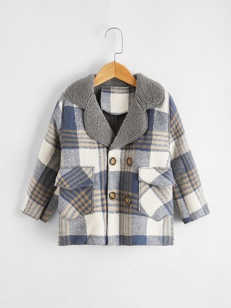 

toddler boys lapel collar plaid plush lined pea coat she, Blue;gray