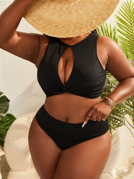 

plus solid rib twist bikini swimsuit b3ht#, White;black