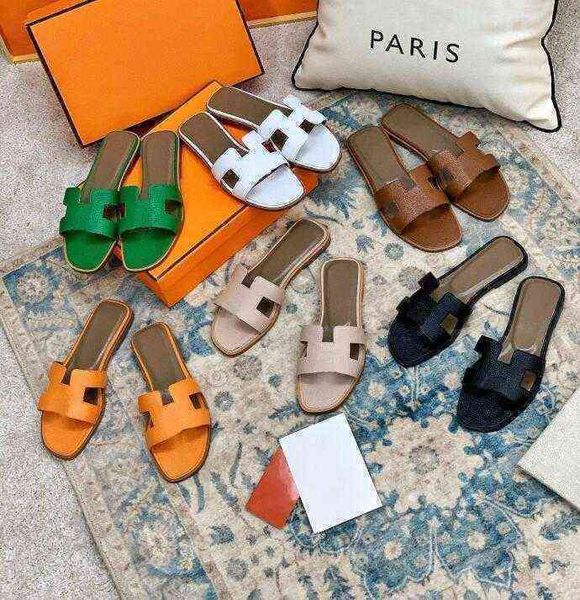 

ms orans slipper designer 2022 fashion genuine leather h women summer luxury flat slides ladies beach sandal party wedding dres, Black