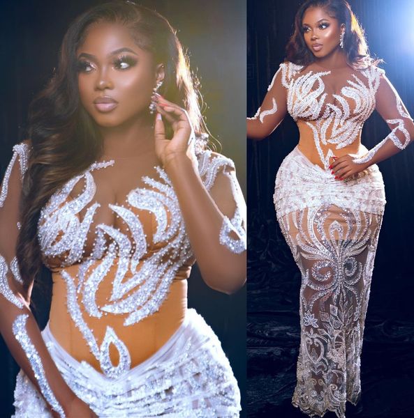 2022 grande taille arabe Aso Ebi dentelle perlée gaine robe de mariée pure cou Illusion scintillant robes de mariée robes ZJ122