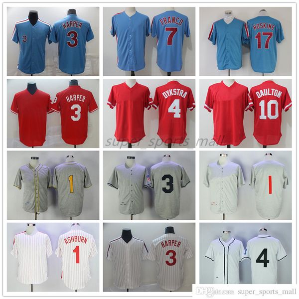 

vintage college baseball wears jersey richie 1 ashburn scott 4 kingery bryce 3 harper maikel 7 franco darren 10 daulton rhys 17 hoskins 1950, Blue;black