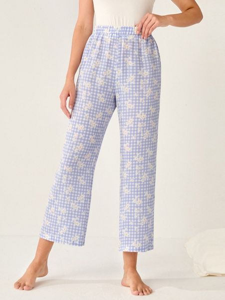 

gingham & floral print sleep pants t4vt#, Black;red