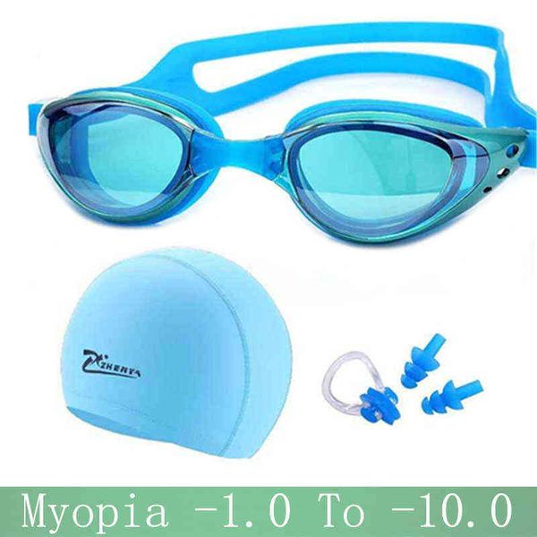 Miopia Occhialini da nuoto prescrizione professionale Silicone Cappello impermeabile natacion Cuffie da nuoto occhiali per le orecchie Occhiali da nuoto Y220428