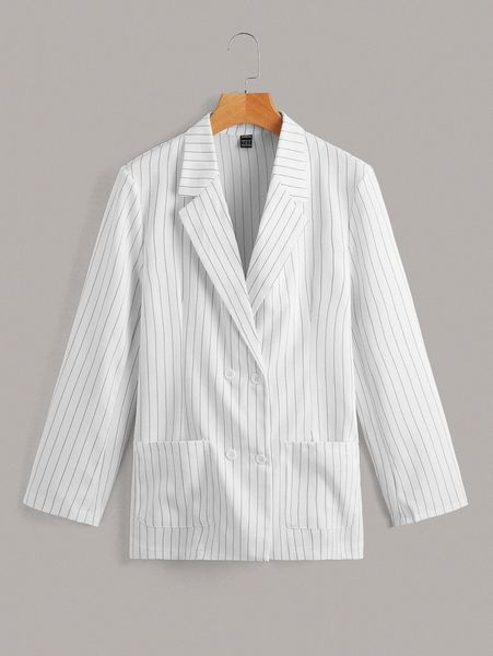 

pinstriped print double breasted patched pocket blazer a00u#, White