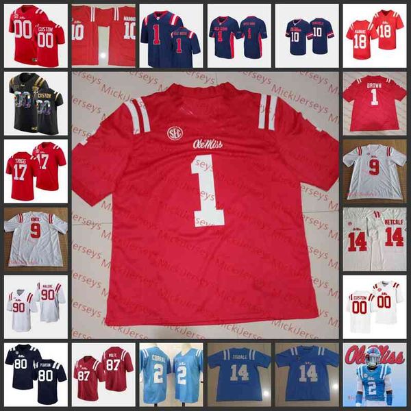 XFLSP 2022 College Custom Shisted Ole Miss Rebels Футбол Джерси 1 A. J. Brown 14 Bo Wallace 10 Jor Dan Ta'amu 74 Грег Маленькие трикотажные изделия # 9 Доусон