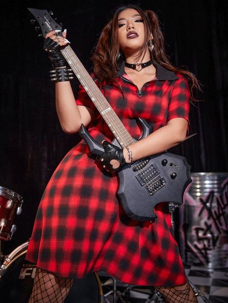 

plus plaid print contrast collar dress d513#, Black