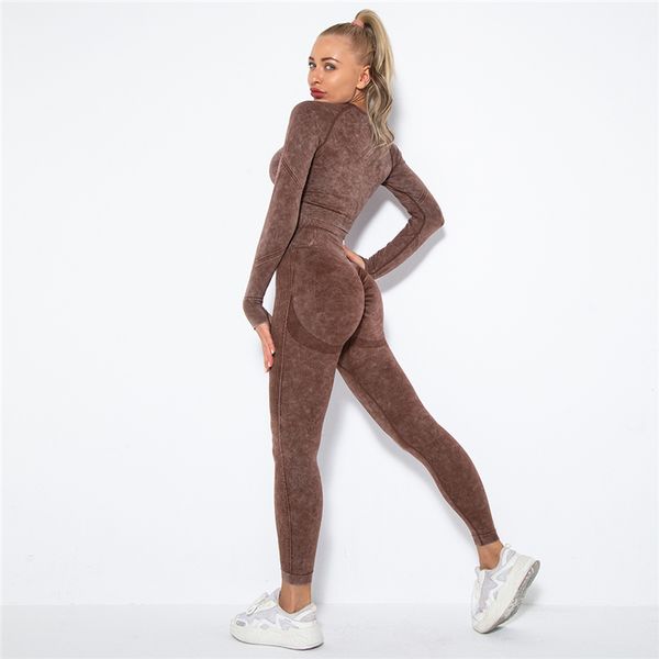 

women seamless yoga set fitness sports suits gym clothing long sleeve crop shirts high waist running leggings workout pants 220507, Gray