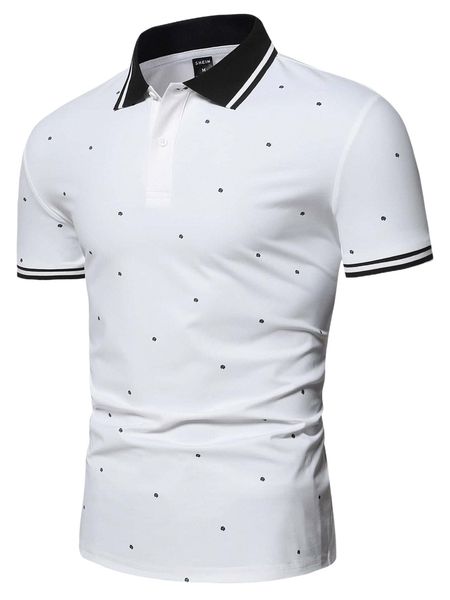 

men ditsy floral print contrast collar polo shirt x7gx#, White;black