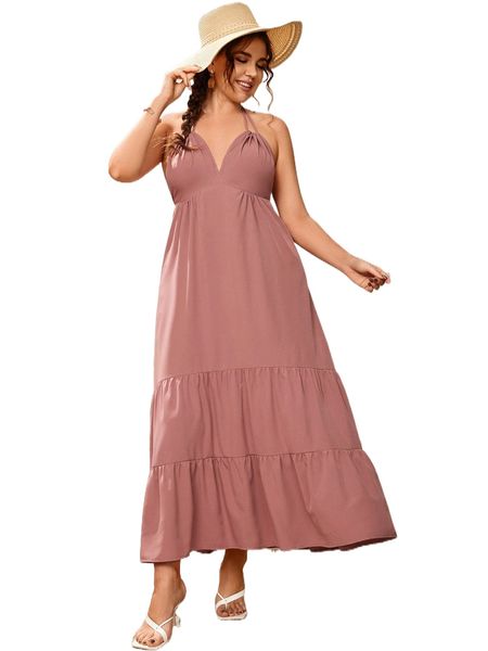 

plus tie backless ruffle hem halter dress b6fk#, Black