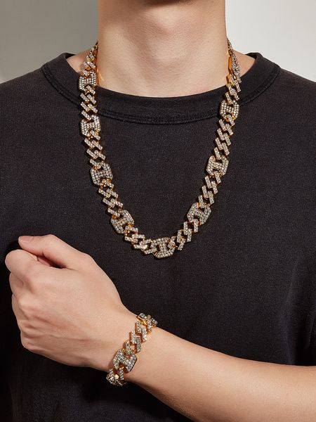 

mens iced out necklace bracelet bangle set for women s thick heavy bling miami cuban link chain hip hop rapper luxury jewelry, Silver