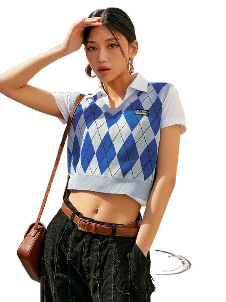 

dazy 1pc argyle pattern letter patched sweater vest w6ma#, White;black