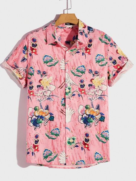 

romwe guys floral & crane print shirt z2up#, White;black