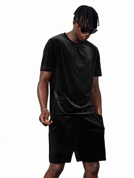 

men velvet tee & drawstring waist shorts r4xv#, Gray