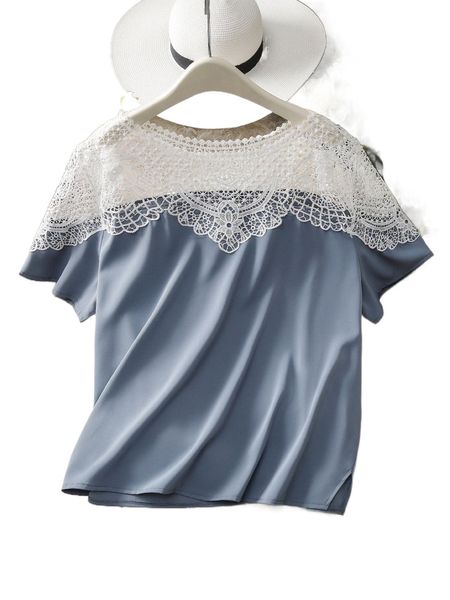 

plus contrast lace blouse 87rk#, Black