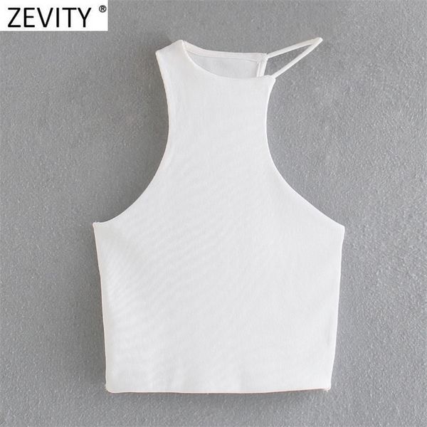 

zevity women chic asymmetrical white knitting camis tank high street ladies sleeveless vest summer slim crop sw843 220427