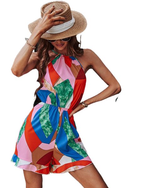 

colorblock tie back ruffle hem halter romper q5g9#, Black;white