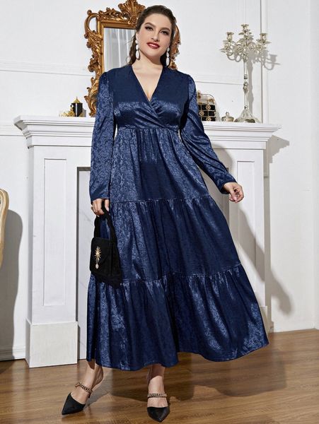 

plus jacquard puff sleeve ruffle hem dress a1vp#, Black