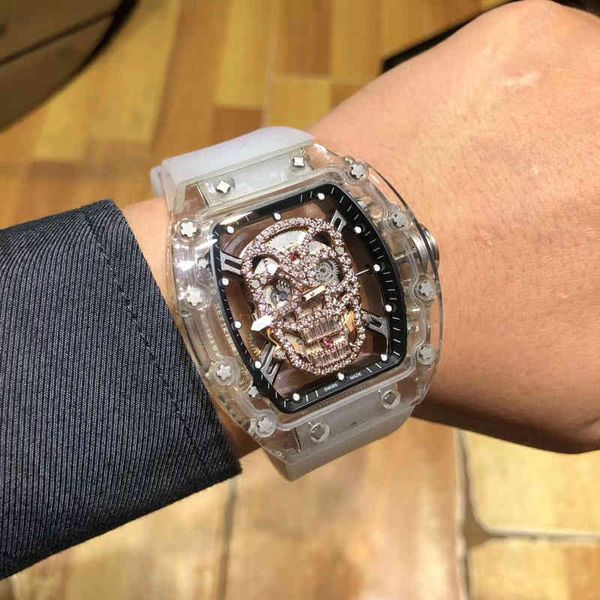 

luxury mens mechanics watches richa milles wristwatch business leisure personalized transparent hollow out diamond inlaid skull fashion atmo, Slivery;brown