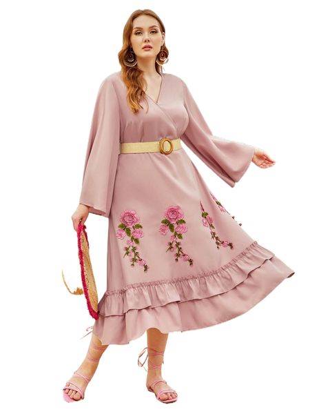 

plus appliques trumpet sleeve ruffle hem dress without belt g48t#, Black